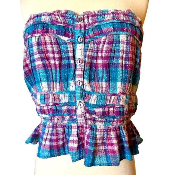NWT Free People Women's Blue & Purple Plaid Peplum Tube Top Size Large - Picture 1 of 10